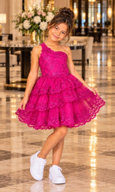 Cinderella Couture Girls Party Dress Style 5132 in Fuschia glitter Mesh on young model