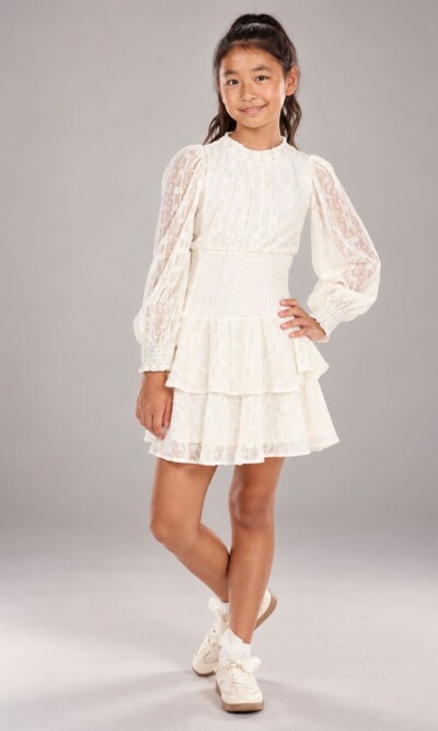Ava & Yelly Long Sleeve relaxed fit Party or Service Dress with floaty sleeves, a gthered waist and a tiered skirt on Model