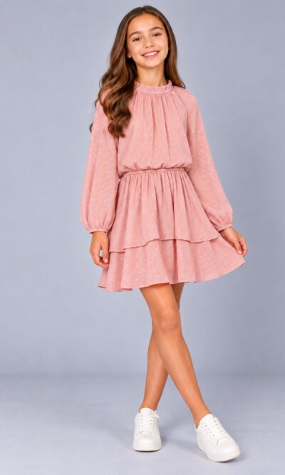 Home 10 Ava & Yelly Pink Irridescent Long Sleeve Service Dress on Model