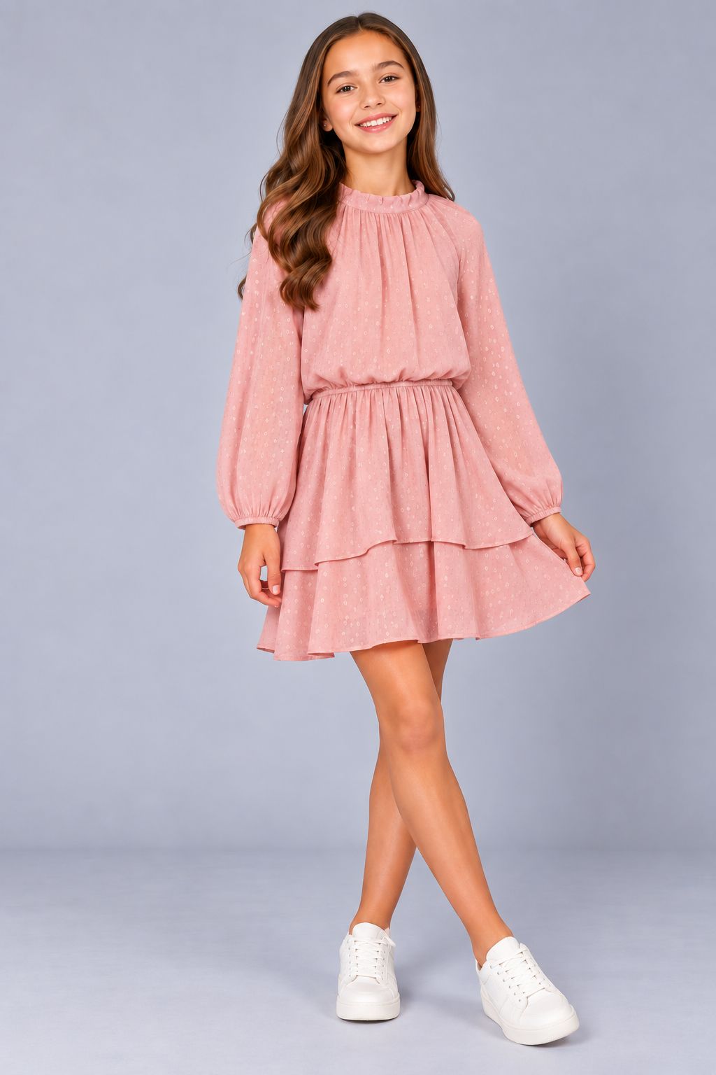 Ava & Yelly Long Sleeve Pink Gathered Dress 1 Ava & Yelly Pink Irridescent Long Sleeve Service Dress on Model