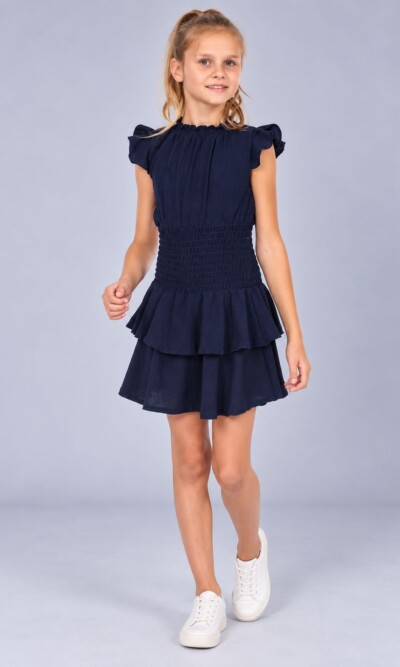 Home 9 Ava & Yelly Smocked Ruffle Dress in Navy on Model