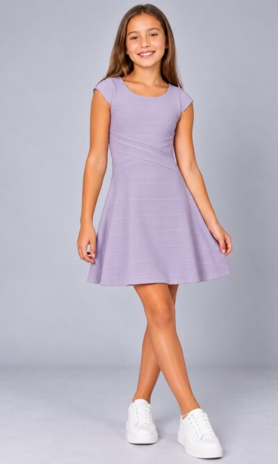 Home 11 Ava & Yelly Lilac X Front Cap Sleeve Skater Dress on Model in Lilac