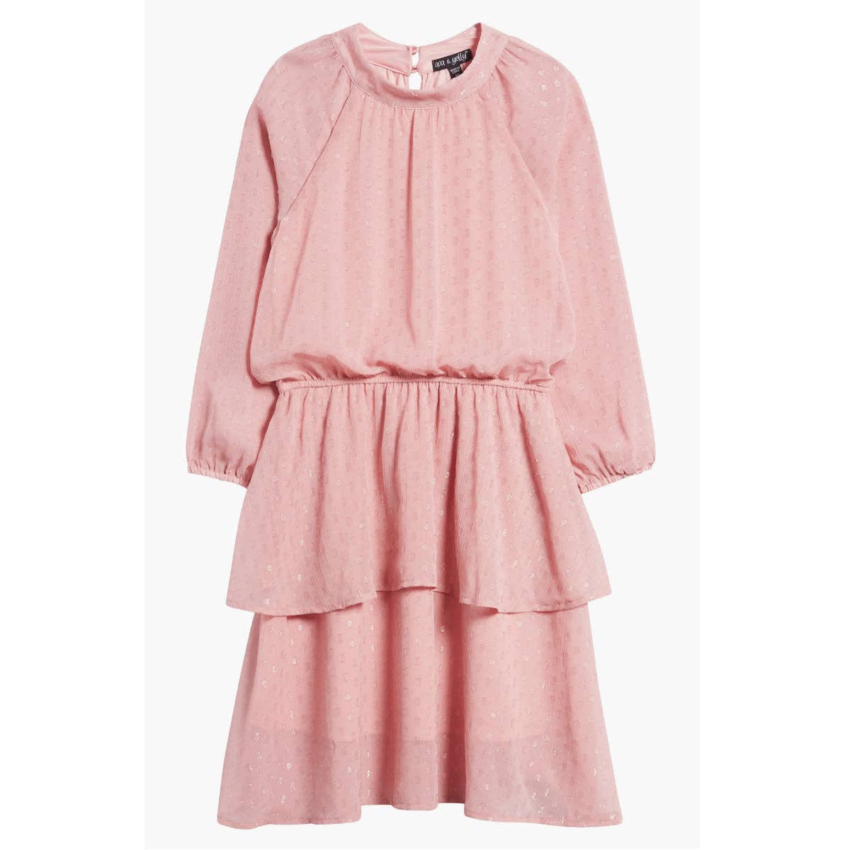 Ava & Yelly Long Sleeve Pink Gathered Dress 3 Ava & Yelly Pink Irridescent Long Sleeve Service Dress